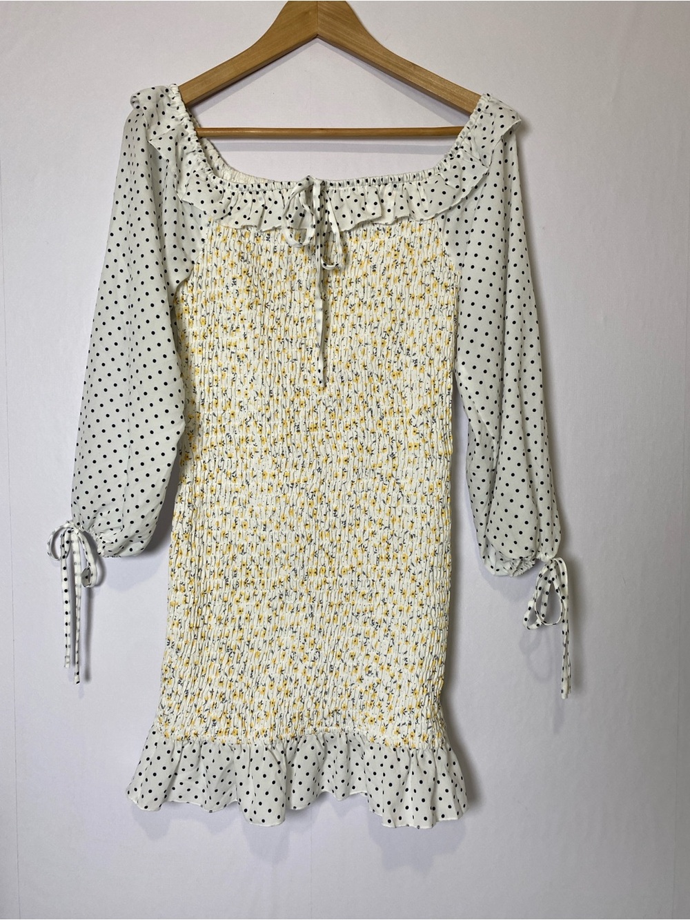 By Egreis Dress Floral Polka Dot Smocked Ruffle Hem BoHo Sleeves Size L - NWT